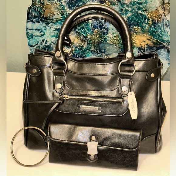 Vintage Y2K Victoria’s Secret Black Leatherette Satchel Handbag Pink Lining - Picture 3 of 15